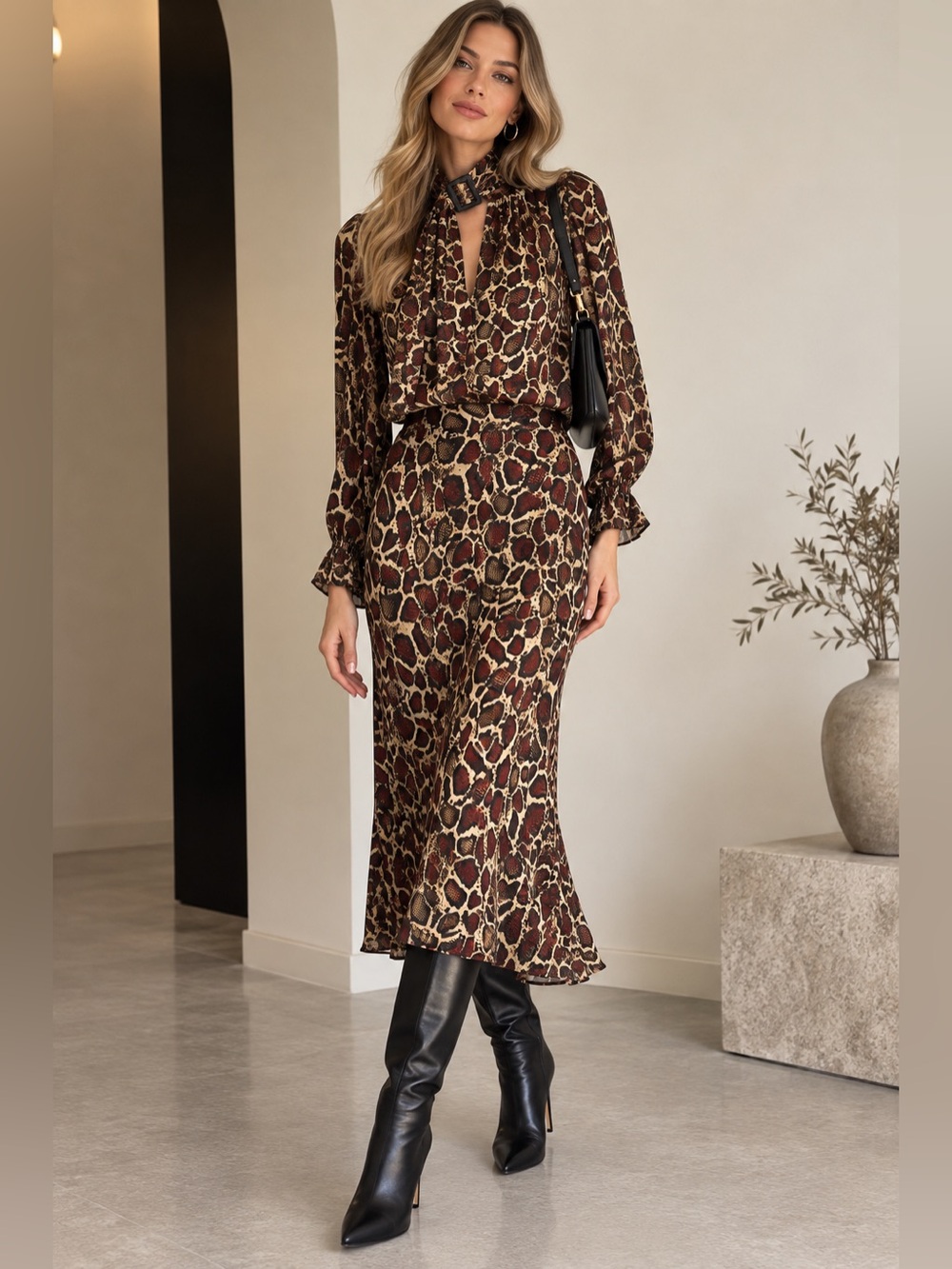 ZARA Animal Print Tie-Neck Blouse & Midi Skirt 2-Piece Set Size S